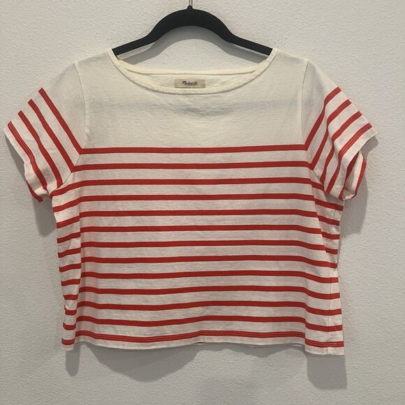Madewell Setlist Boxy In Lynnhurst Stripe Top Size S Beige/Red Crop Style J2308 - Picture 2 of 7